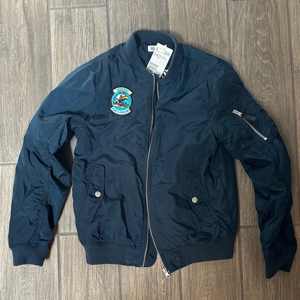 H&M Dark Blue Bomber Jacket with Eagle Patch. Size 11-12